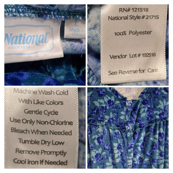 National‎ Womens Blue Floral Snap Front Robe Long Sleeve Ruffled Cuffs Size L - Picture 8 of 10